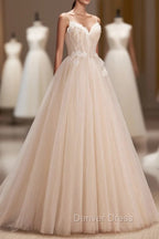 Champagne Spaghetti Strap Tulle Prom Dress with Feathers, Cute A Line Prom Dresses