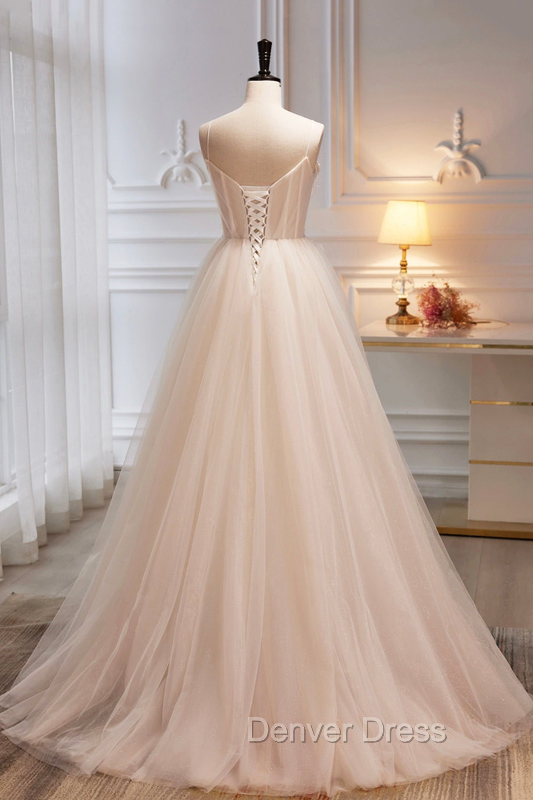 Champagne Spaghetti Strap Tulle Prom Dress with Feathers, Cute A Line Prom Dresses