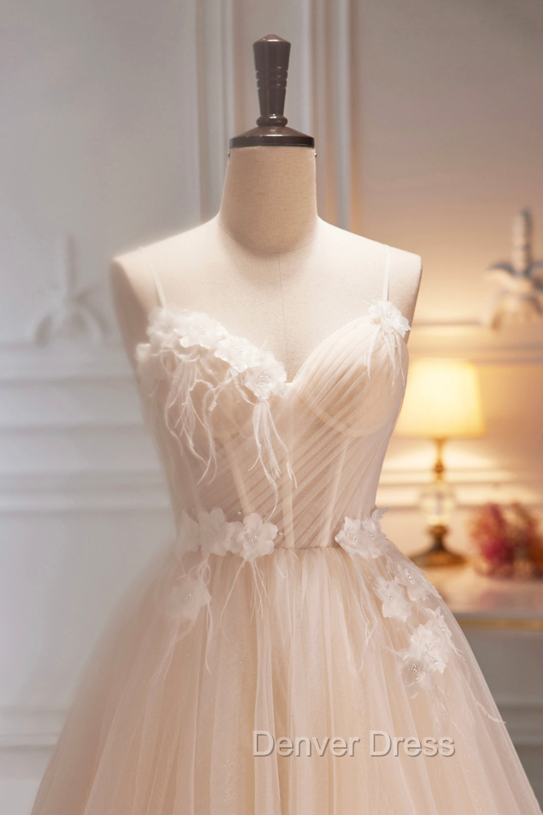 Champagne Spaghetti Strap Tulle Prom Dress with Feathers, Cute A Line Prom Dresses