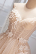 Champagne Spaghetti Strap Tulle Prom Dress with Feathers, Cute A Line Prom Dresses