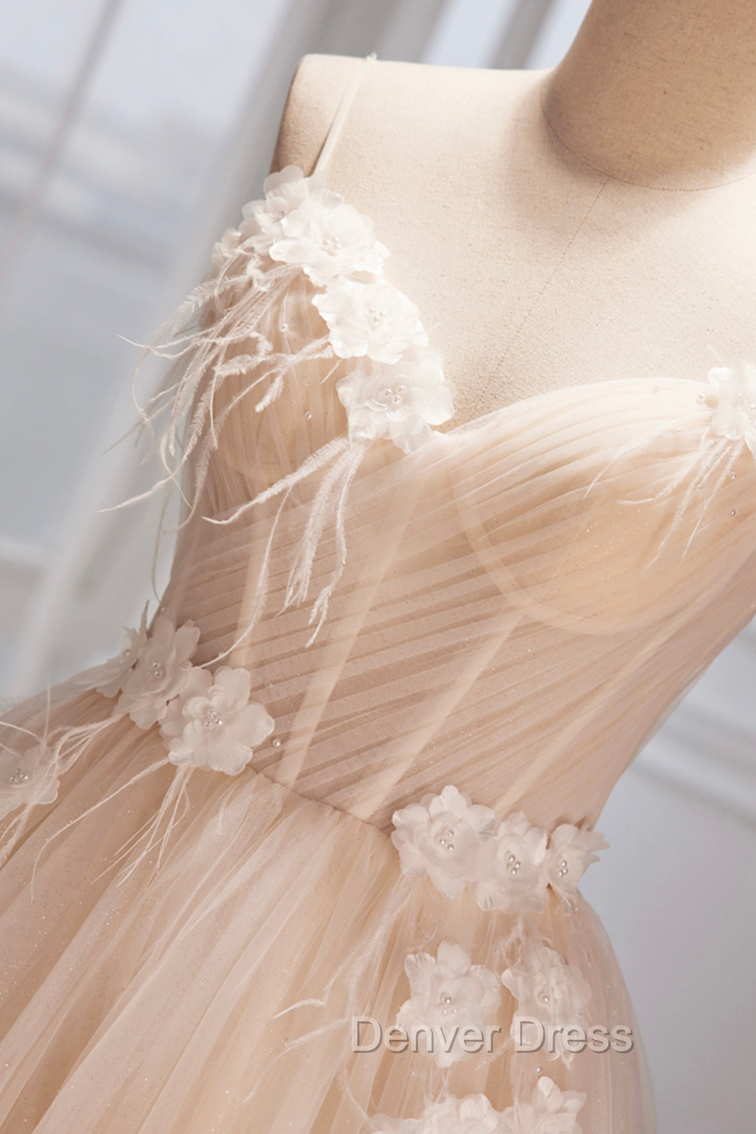 Champagne Spaghetti Strap Tulle Prom Dress with Feathers, Cute A Line Prom Dresses