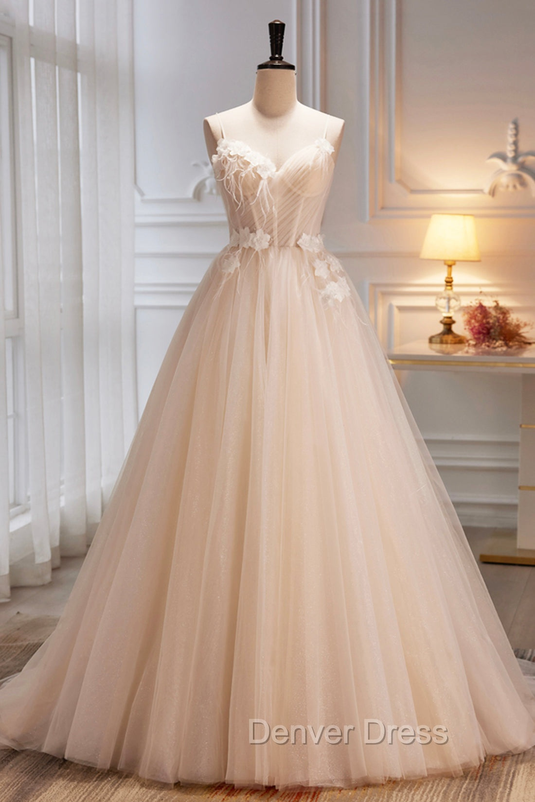 Champagne Spaghetti Strap Tulle Prom Dress with Feathers, Cute A Line Prom Dresses