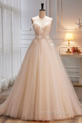 Champagne Spaghetti Strap Tulle Formal Dresses with Feathers, Cute A-Line Evening Dresses