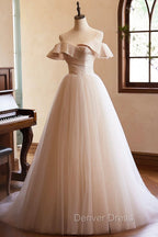 Champagne Spaghetti Straps Floor Length Prom Dresses, A-Line Sleeveless Backless Evening Party Dresses