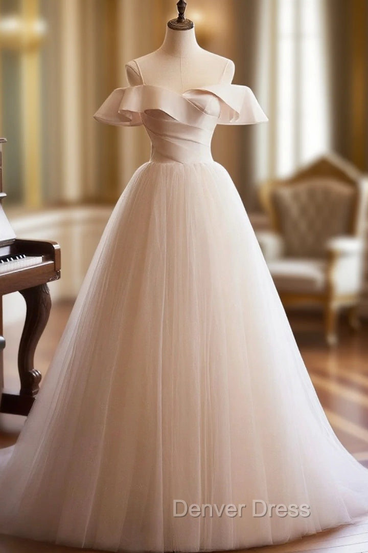 Champagne Spaghetti Straps Floor Length Prom Dress, A Line Sleeveless Backless Prom Dresses