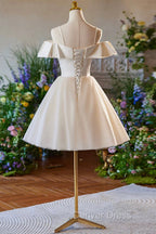 Champagne Spaghetti Straps Knee Length Prom Dresses, A-Line Sleeveless Backless Party Dresses