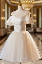 Champagne Spaghetti Straps Knee Length Prom Dress, A Line Sleeveless Backless Prom Dresses