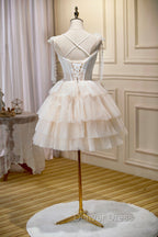 Champagne Spaghetti Straps Lace Prom Dress, A Line Short Homecoming Dresses