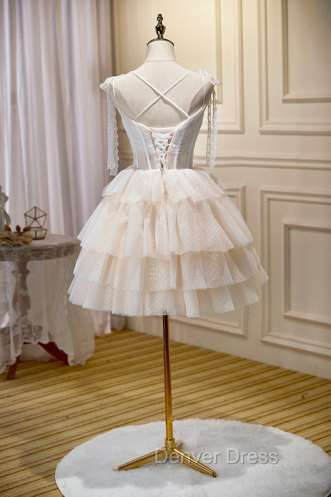 Champagne Spaghetti Straps Lace Prom Dress, A Line Short Homecoming Dresses