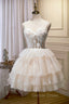 Champagne Spaghetti Straps Lace Prom Dress, A Line Short Homecoming Dresses