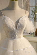 Champagne Spaghetti Straps Lace Short Prom Dress, A Line Prom Dresses