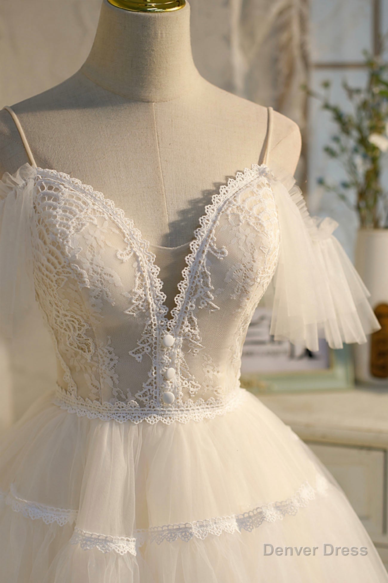 Champagne Spaghetti Straps Lace Short Prom Dress, A Line Prom Dresses