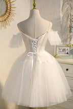 Champagne Spaghetti Straps Lace Short Prom Dress, A Line Prom Dresses