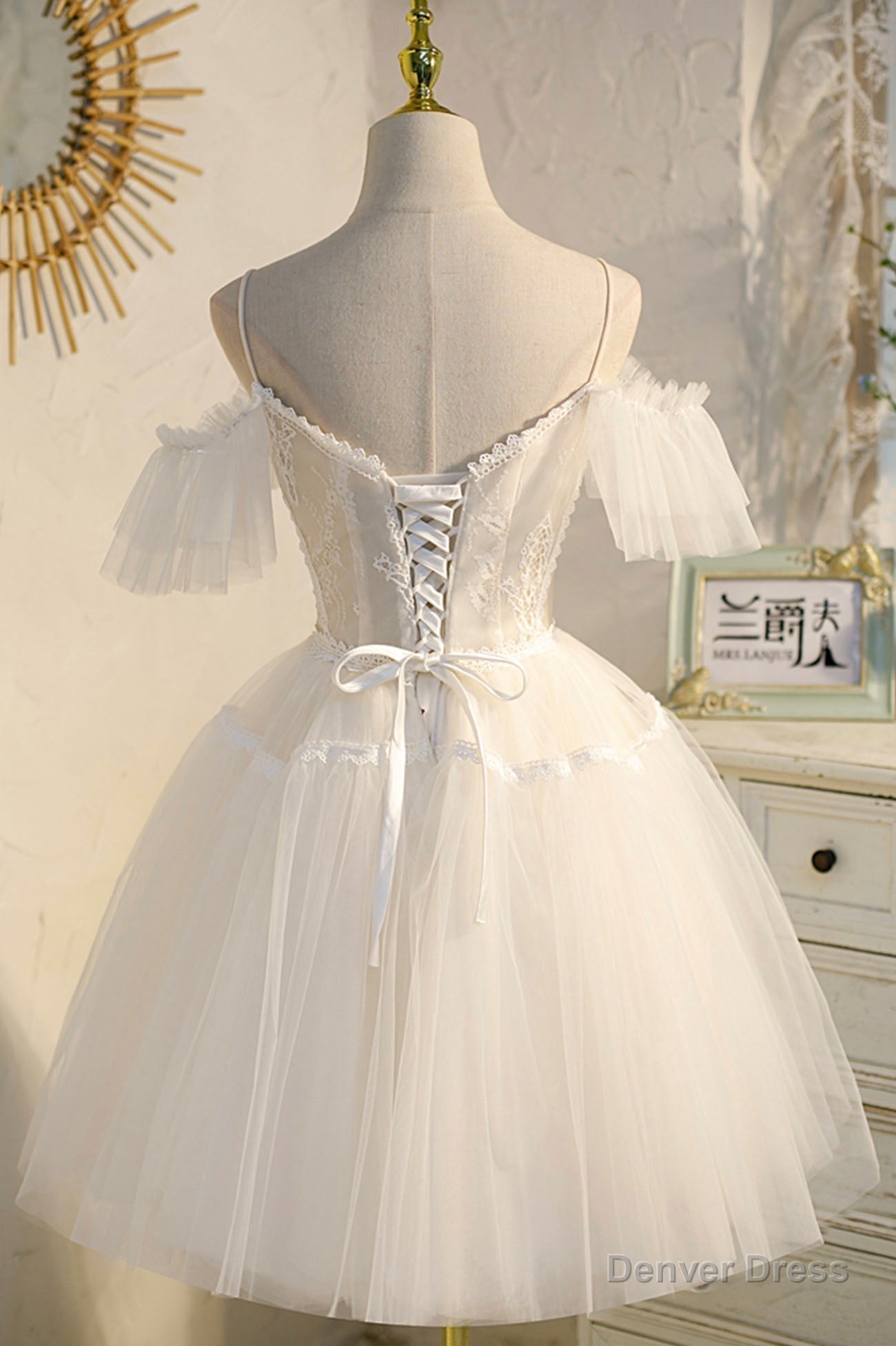 Champagne Spaghetti Straps Lace Short Prom Dress, A Line Prom Dresses