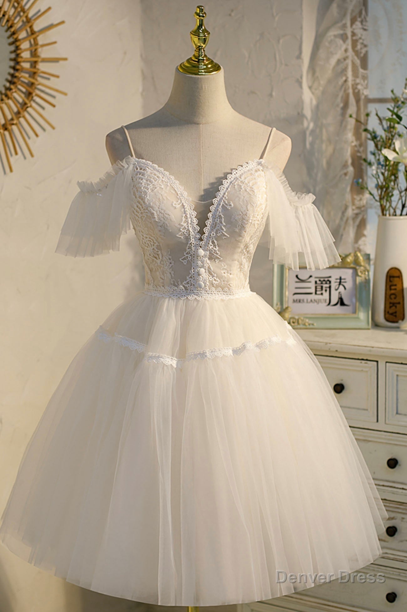 Champagne Spaghetti Straps Lace Short Prom Dress, A Line Prom Dresses Main image