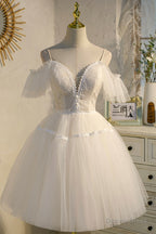 Champagne Spaghetti Straps Lace Short Prom Dress, A Line Prom Dresses