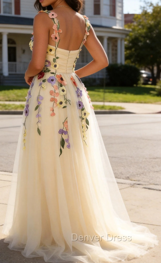 Champagne Spaghetti Straps Prom Dress With 3D Flowers Secondary image