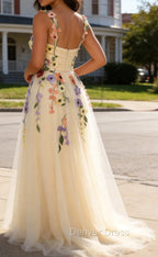 Champagne Spaghetti Straps Prom Dress With 3D Flowers