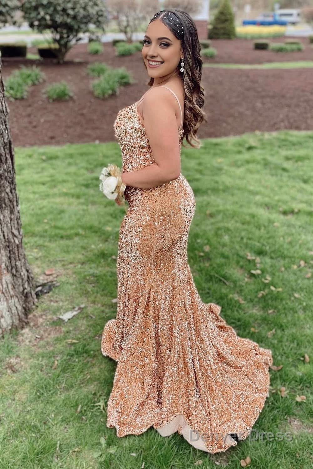 Champagne Spaghetti Straps Sequins Mermaid Prom Dresses Secondary image