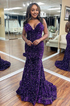 Champagne Spaghetti Straps Sequins Mermaid Prom Dresses