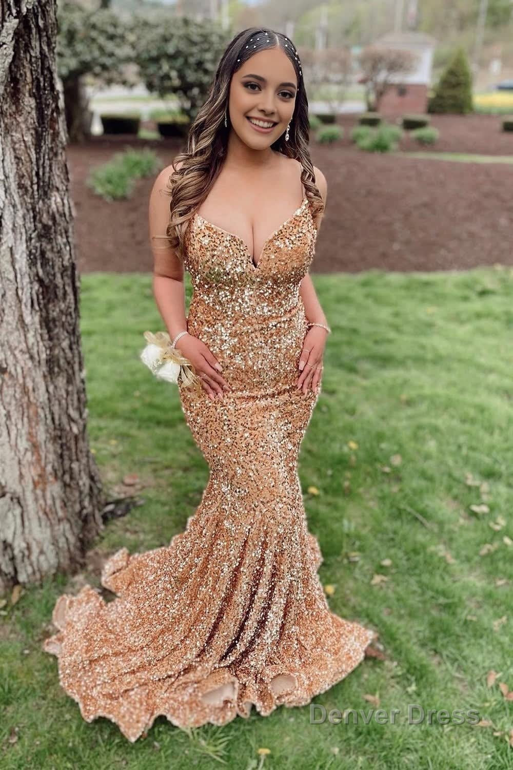 Champagne Spaghetti Straps Sequins Mermaid Prom Dresses