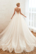 Champagne Spaghetti Straps V-neck Floor Length A-line Lace Tulle Wedding Dresses