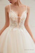 Champagne Spaghetti Straps V Neck Floor Length A Line Lace Tulle Wedding Dresses