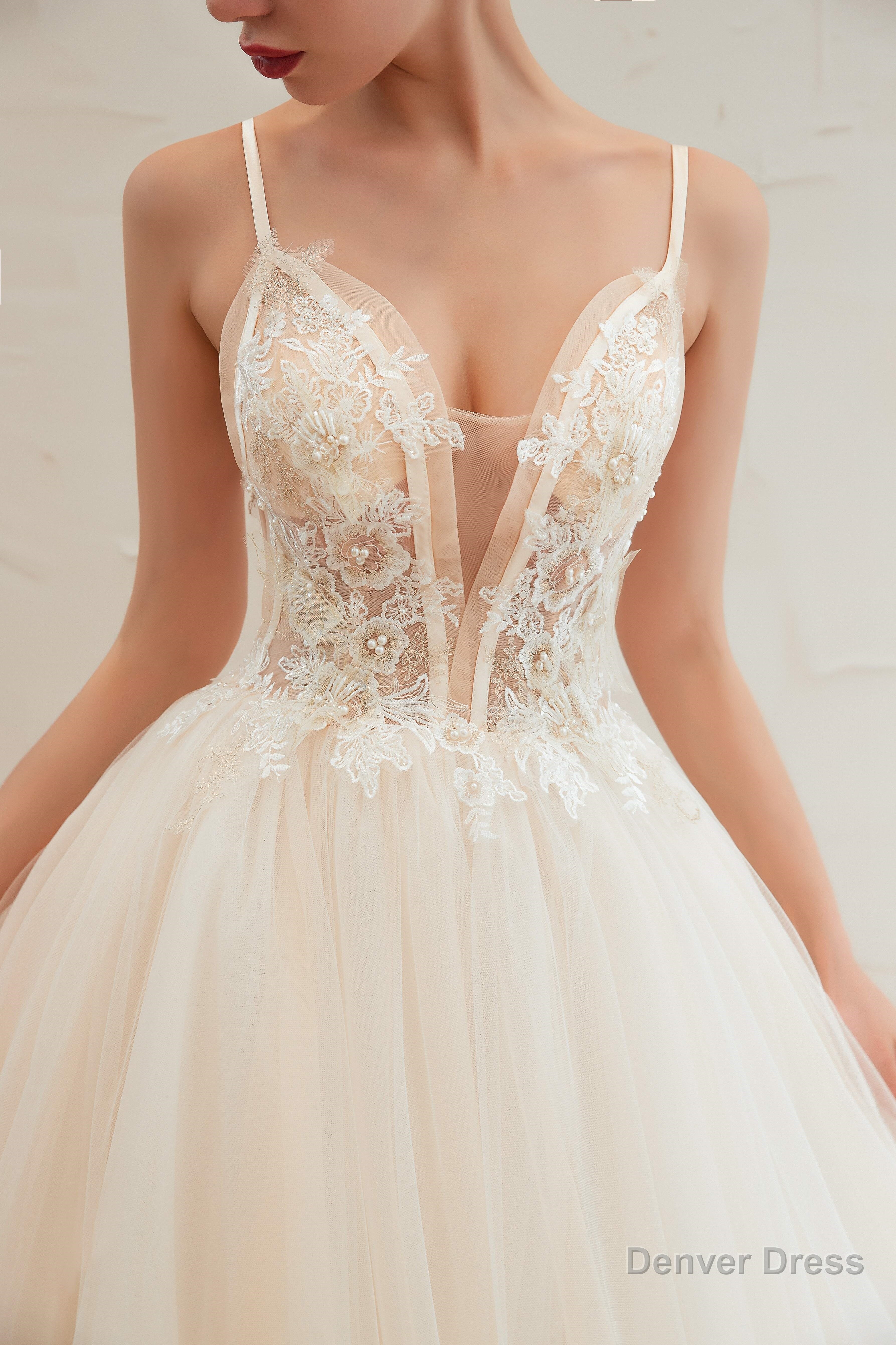 Champagne Spaghetti Straps V Neck Floor Length A Line Lace Tulle Wedding Dresses