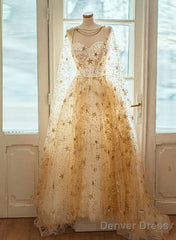 Champagne Stars A-Line Tulle Long Formal Dress, Champagne Prom Dress
