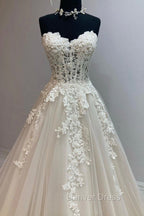 Champagne Strapless Lace Long Prom Dress, A Line Prom Dresses