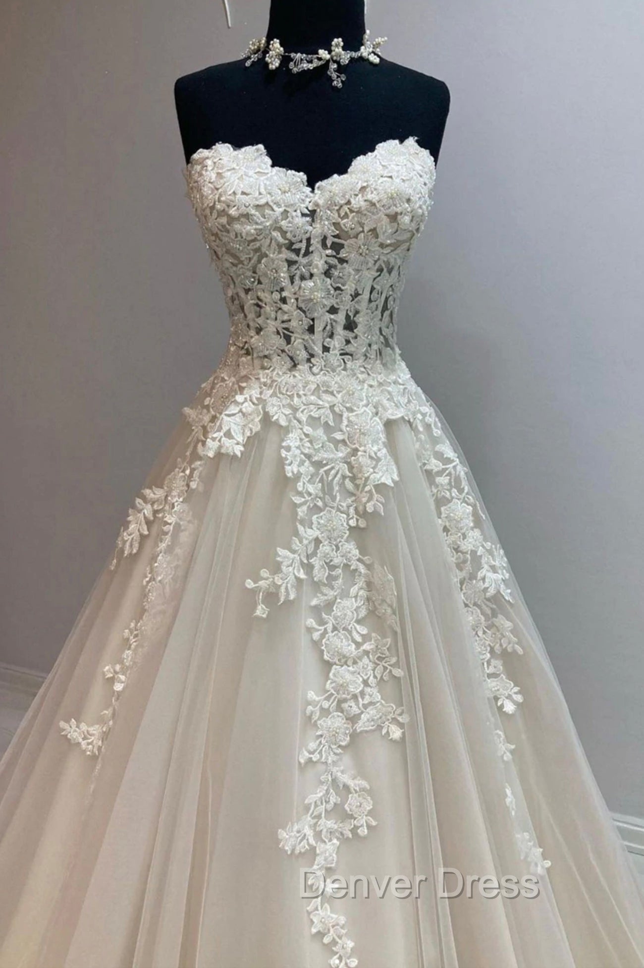 Champagne Strapless Lace Long Prom Dress, A Line Prom Dresses