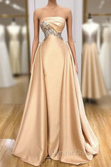 Champagne Strapless Overskirt Prom Dresses Long With Crystals