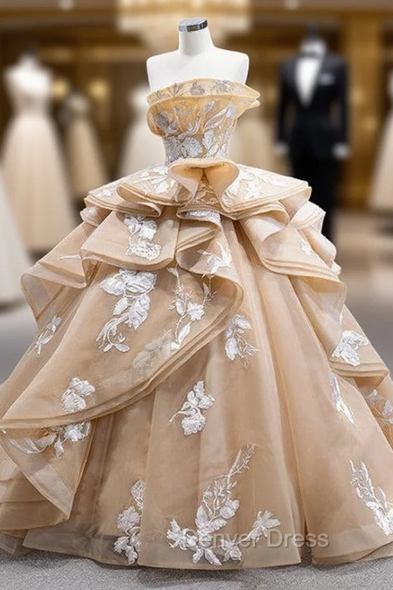Champagne Strapless Tulle Appliques Prom Dresses