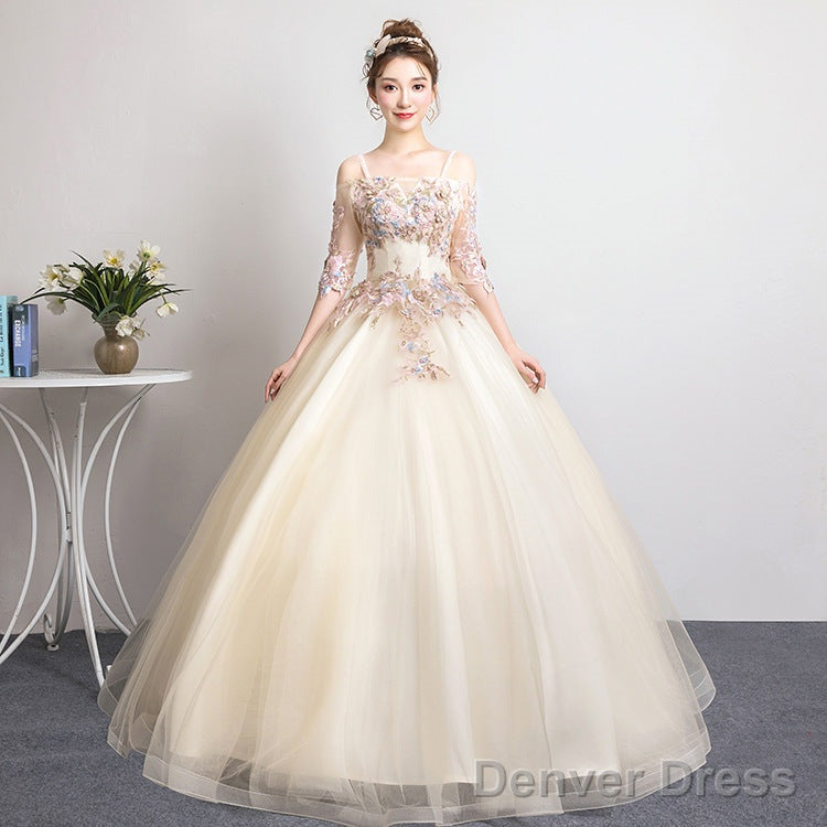 Champagne Sweet 16 Gowns Long Prom Dress, Straps Prom Dresses Secondary image