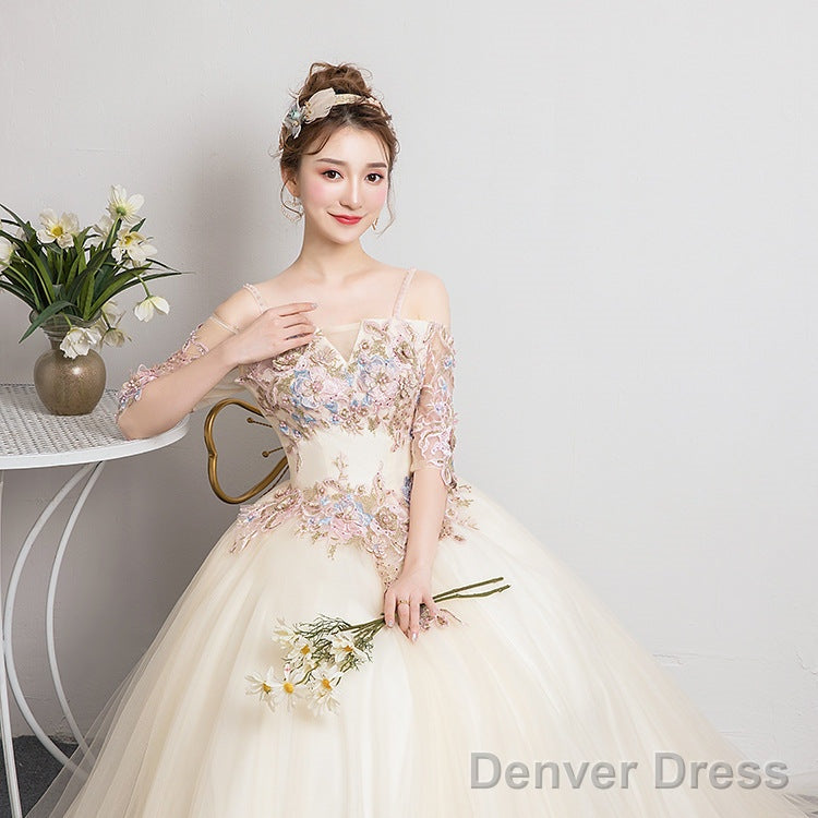 Champagne Sweet 16 Gowns Long Prom Dress, Straps Prom Dresses