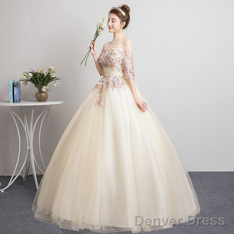 Champagne Sweet 16 Gowns Long Prom Dress, Straps Prom Dresses