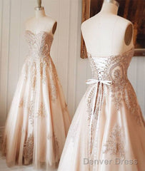 Champagne Sweetheart Lace Applique Long Prom Dress, Champagne Evening Dress