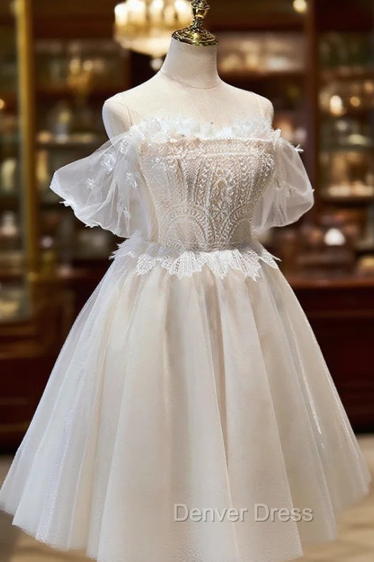 Champagne Sweetheart Lace Tulle Prom Dress, A Line Homecoming Dresses