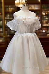 Champagne Sweetheart Lace Tulle Party Dresses, A-Line Homecoming Dresses