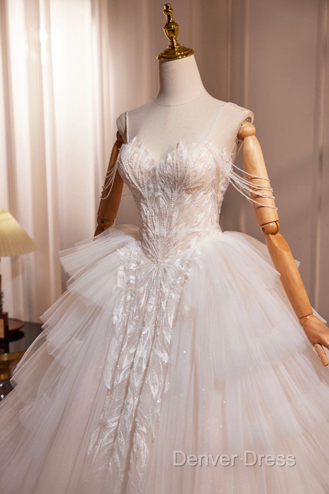 Champagne Sweetheart Layers Princess Dresses, Beautiful Spaghetti Straps Tulle Prom Gowns