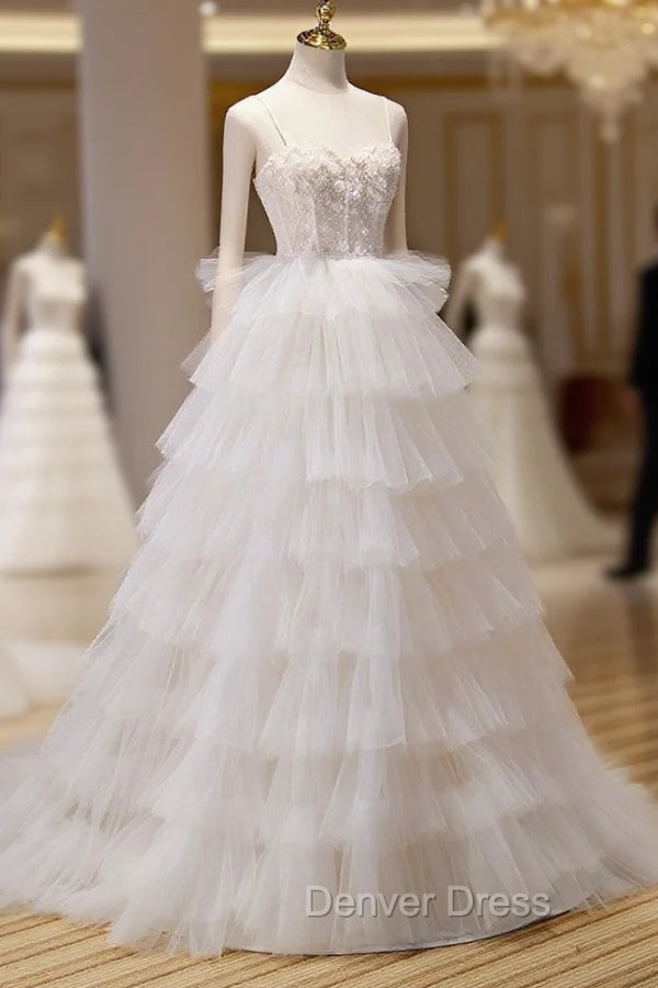 Champagne Sweetheart Layers Princess Dresses, Spaghetti Straps Tulle Formal Gown