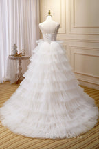Champagne Sweetheart Layers Princess Dresses, Spaghetti Straps Tulle Formal Gown