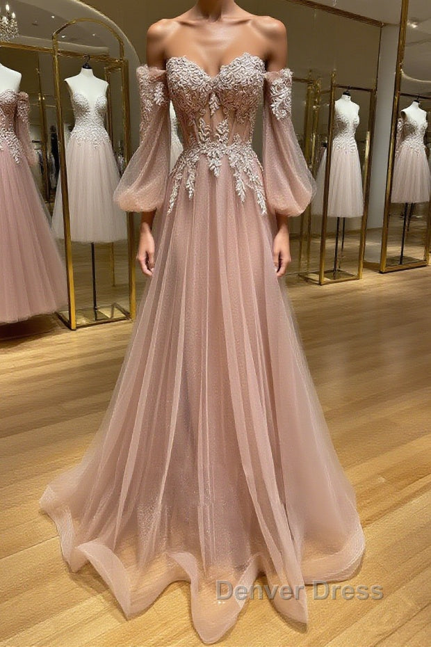 Champagne sweetheart neck tulle lace long prom Dress, lace Prom Dresses Main image