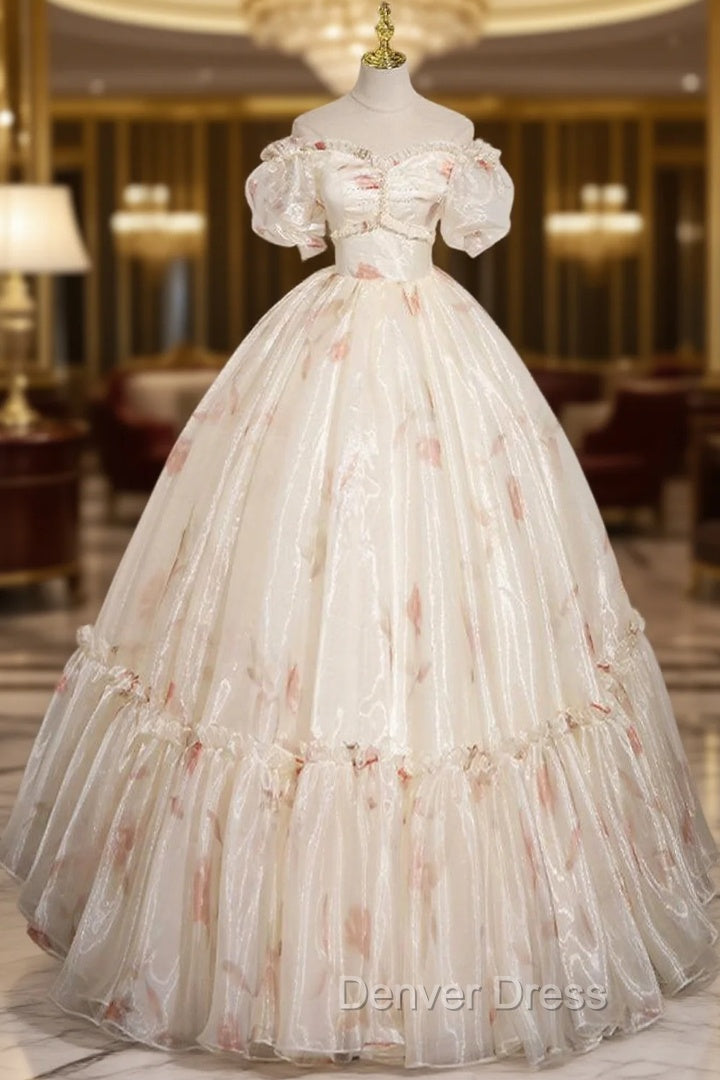 Champagne Sweetheart Neck Tulle Long Prom Dresses, Champagne Formal Dresses Main image