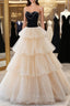 Champagne Sweetheart Neck Tulle Long Prom Dresses, Champagne Formal Dresses