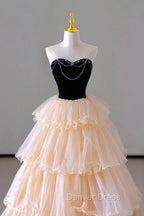 Champagne Sweetheart Tulle Layers Long Prom Dress, Strapless A Line Prom Dresses