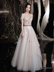 Champagne Sweetheart Tulle Long Prom Dress, Champagne Evening Dress