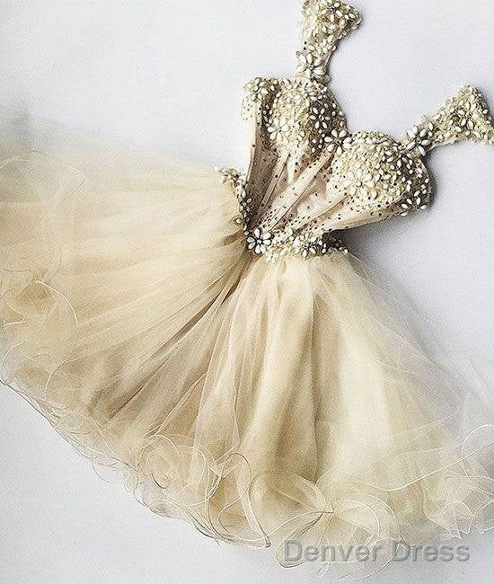 Champagne Sweetheart Tulle Short Prom Dress, Cute Homecoming Dresses