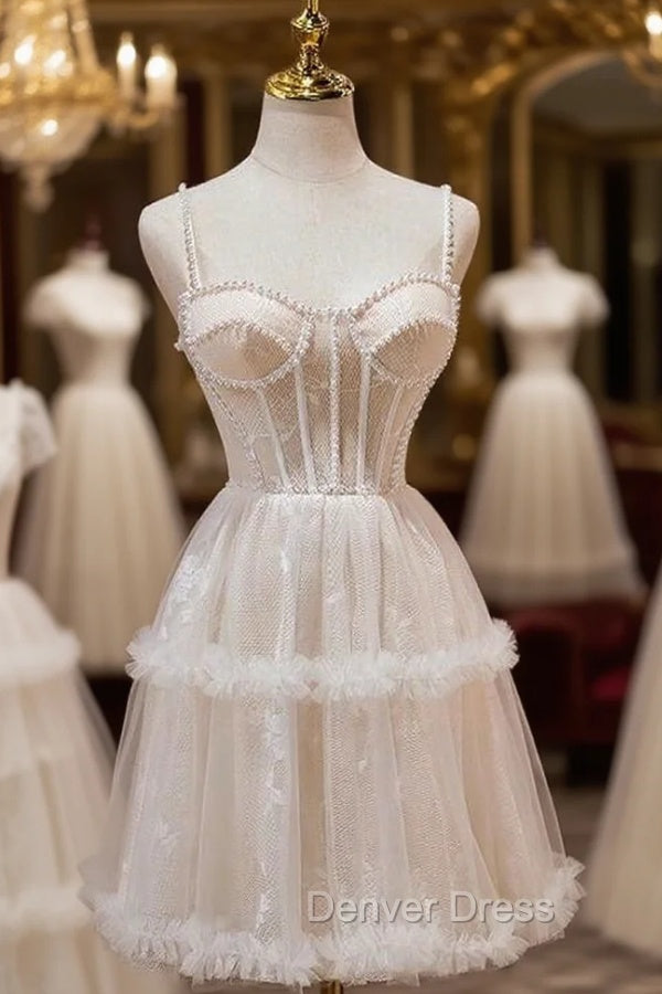 Champagne Tille Spaghetti Straps Pearls Homecoming Dresses Main image