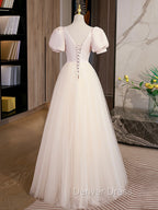 Champagne Tulle A Line Long Prom Dresses, Champagne Formal Graduation Dresses